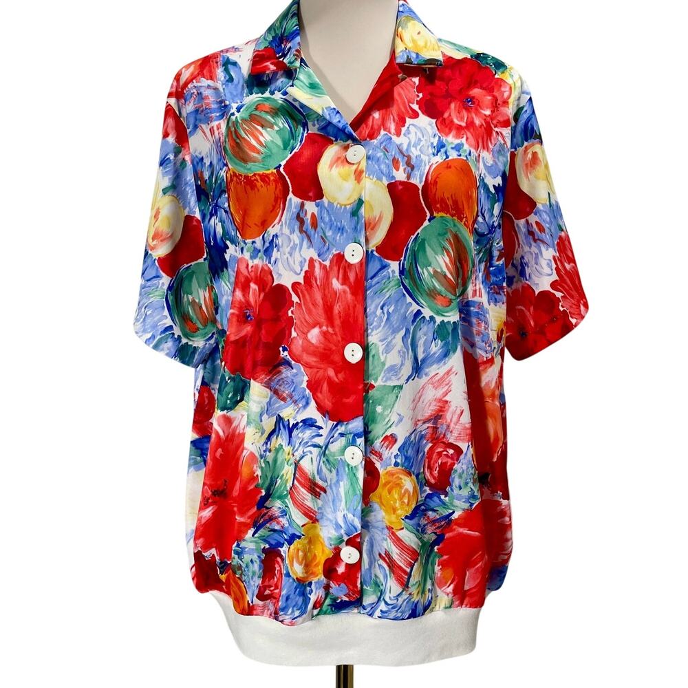 Vintage 1990s Handmade Floral Watercolor Button Up Knit Top Womens Size Large